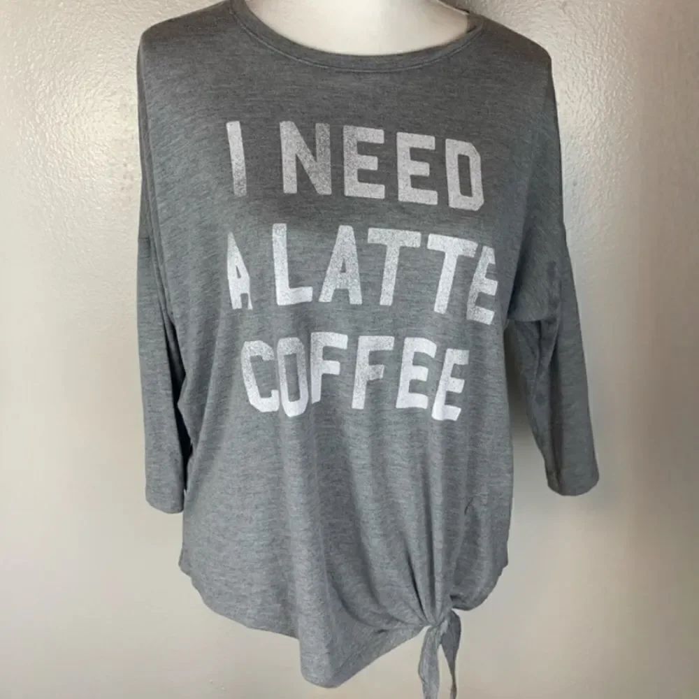 Modern Lux Heather Gray "I Need A Latte Coffee" Crewneck Knotted Top
